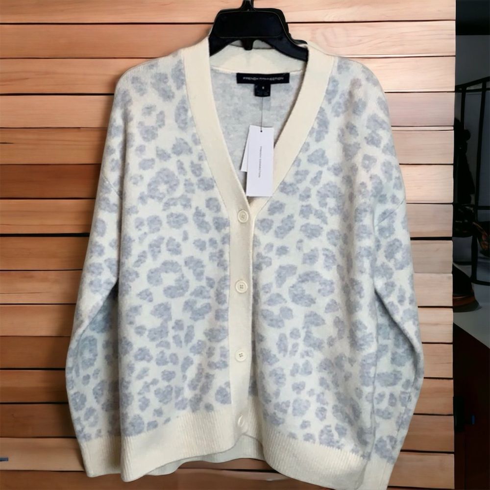 NWT French Connection Light Blue & Ivory Cream Leopard Print Button Cardigan